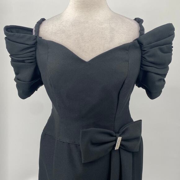 Vintage 80s Off Shoulder Puff Sleeve Bow Waist Tulip Hem Midi Maxi Dress Black 8 - Picture 2 of 10